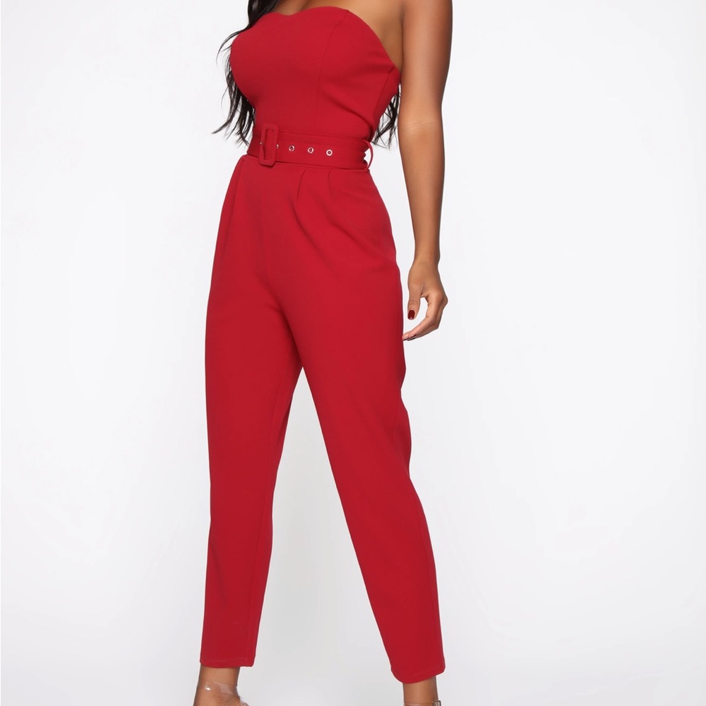 Red strapless jumpsuit